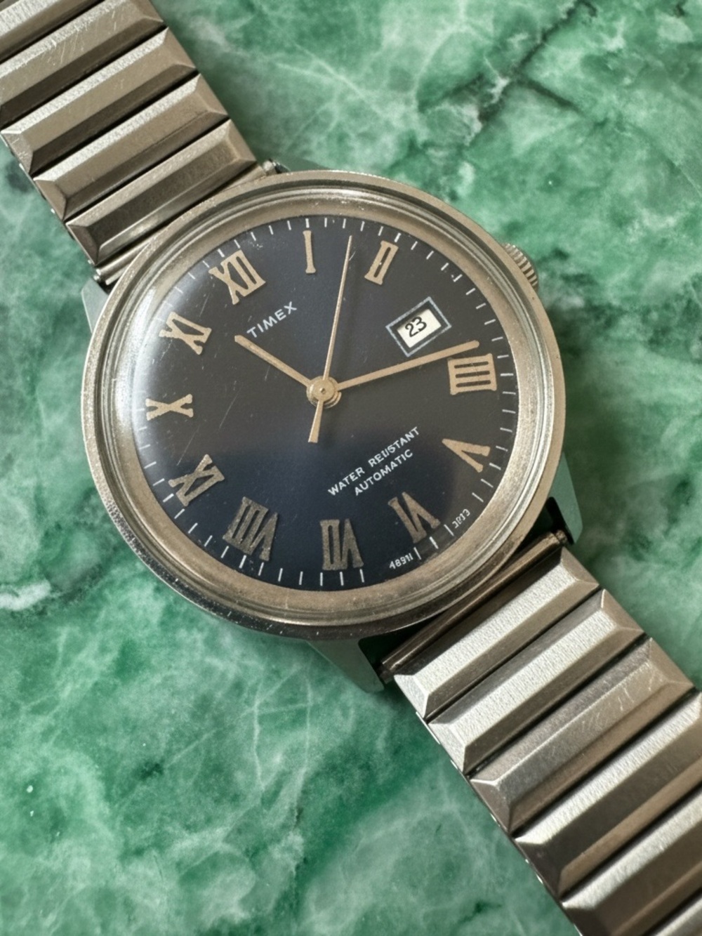Vintage 1973 Timex Viscount Automatic Calendar M32 Navy Roman Dial 46551 3273
